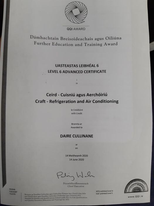 QQI Level 6 Advanced Certificate awarded to Daire Cullinane