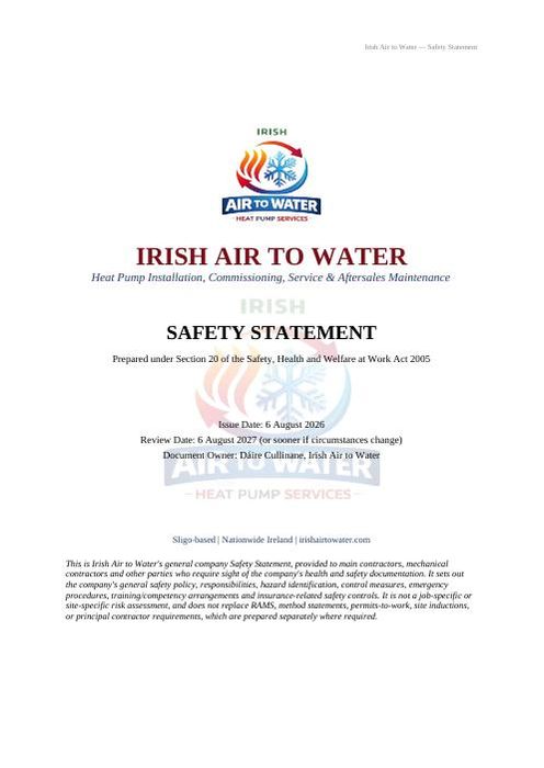 Irish Air to Water Safety Statement cover page