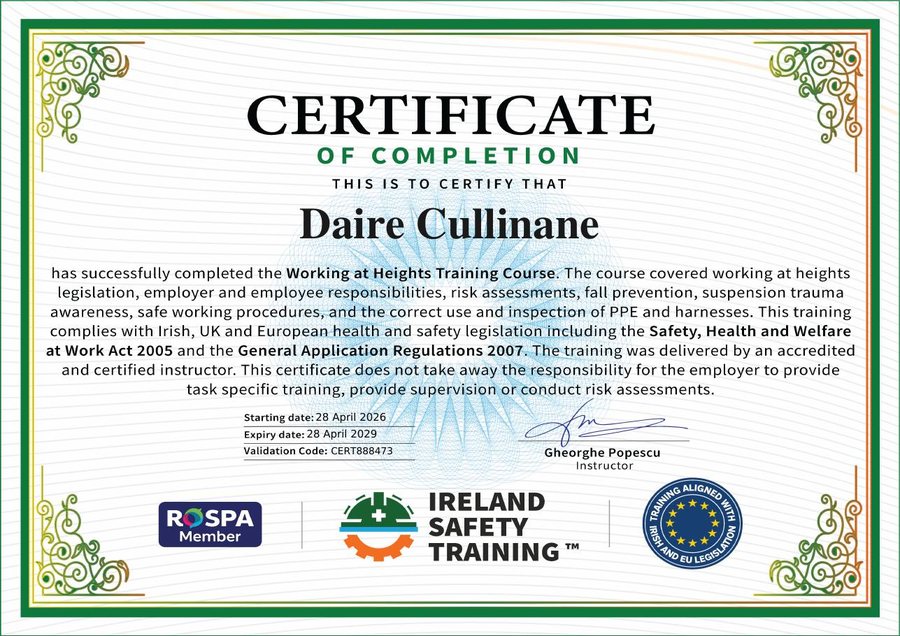 Working at Heights training certificate awarded to Daire Cullinane