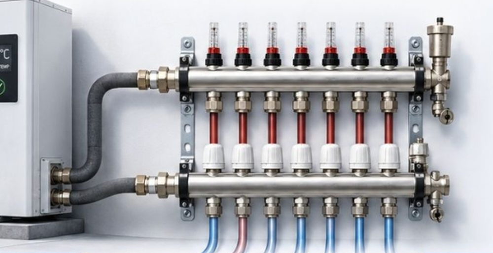 Heating manifold with flow meters, from our hydraulic balancing explainer